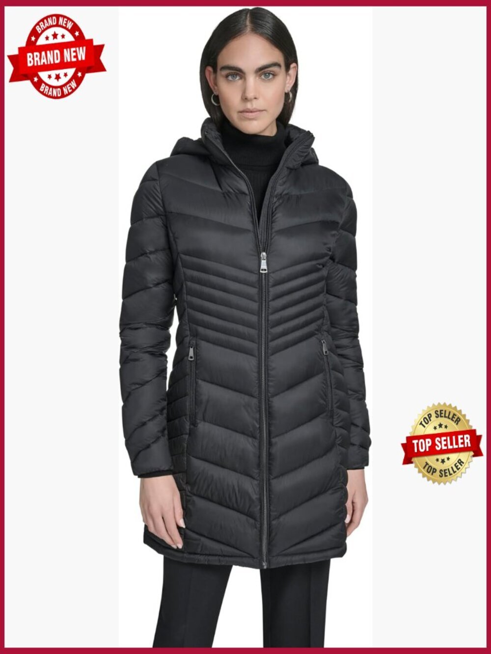 Hooded Chevron Quilt Puffer Coat – Slimming Longline Winter Jacket